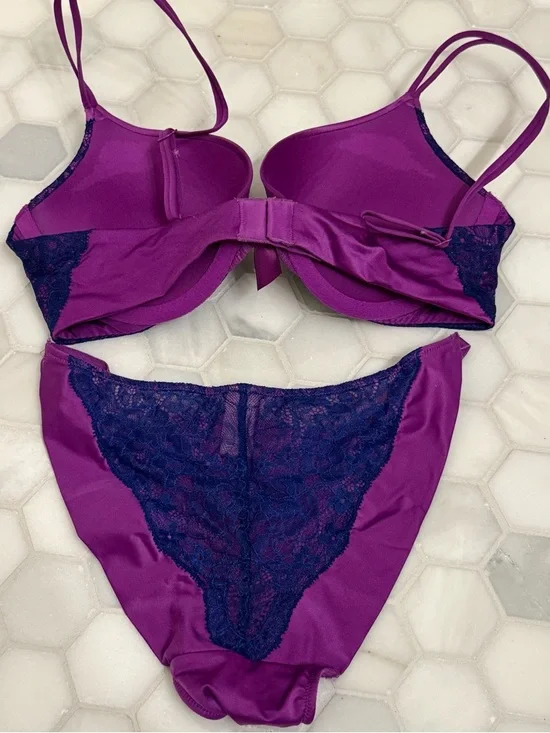 Victoria’s Secret Very Sexy Bra Panty Set 36B Purple Lace Push Up Rhinestone - Picture 2 of 5